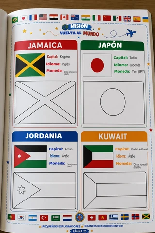 Fichas de Jamaica, Japón, Jordania y Kuwait: capital, idioma, moneda y bandera para colorear