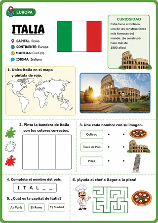Actividad sobre Italia con bandera, mapa, dato curioso y desafíos