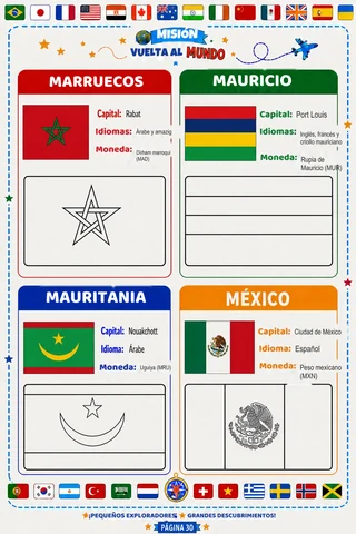 Fichas de países con banderas para colorear